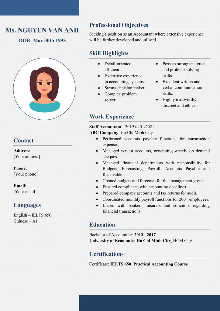 Mẫu CV tiếng Anh ngành kế toán