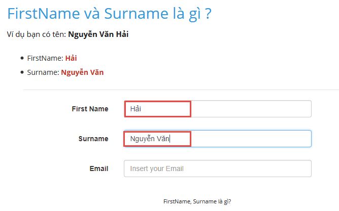 Trường hợp chỉ có ô Firstname và Surname