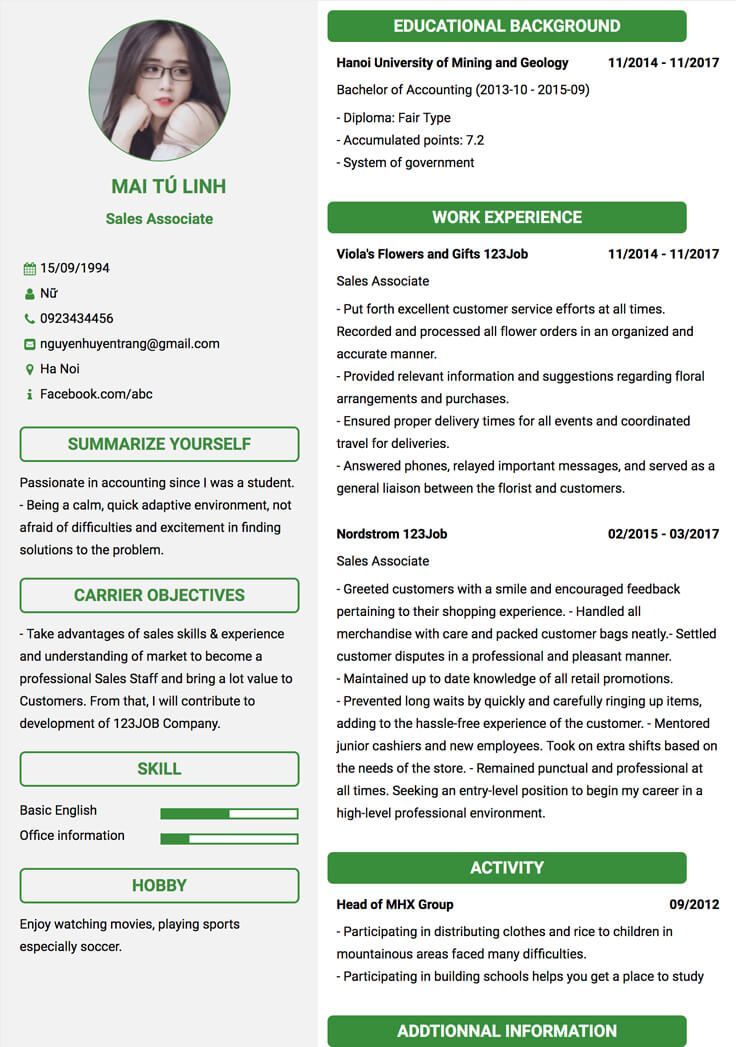 Mấu CV tiếng Anh dành cho sinh viên mới ra trường